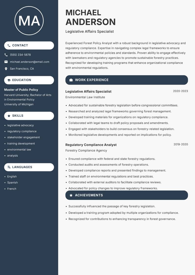 Forest Policy Analyst Resume Preview Example