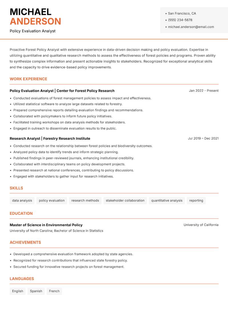 Forest Policy Analyst Resume Template