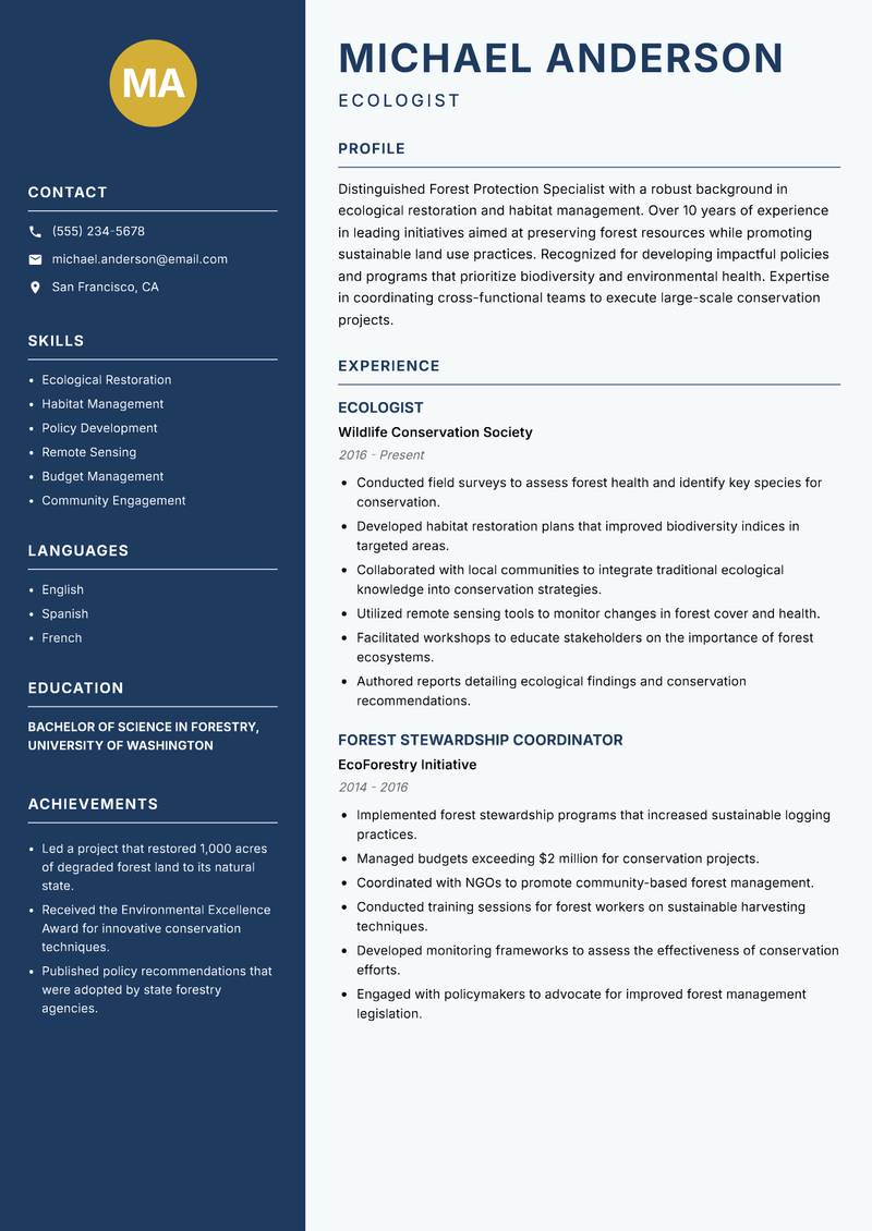 Forest Protection Specialist Resume Preview Example