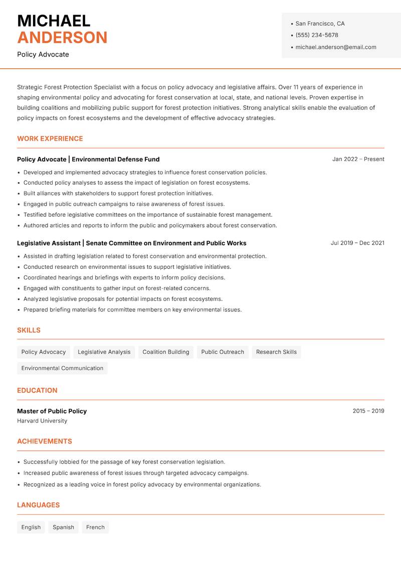 Forest Protection Specialist Resume Template