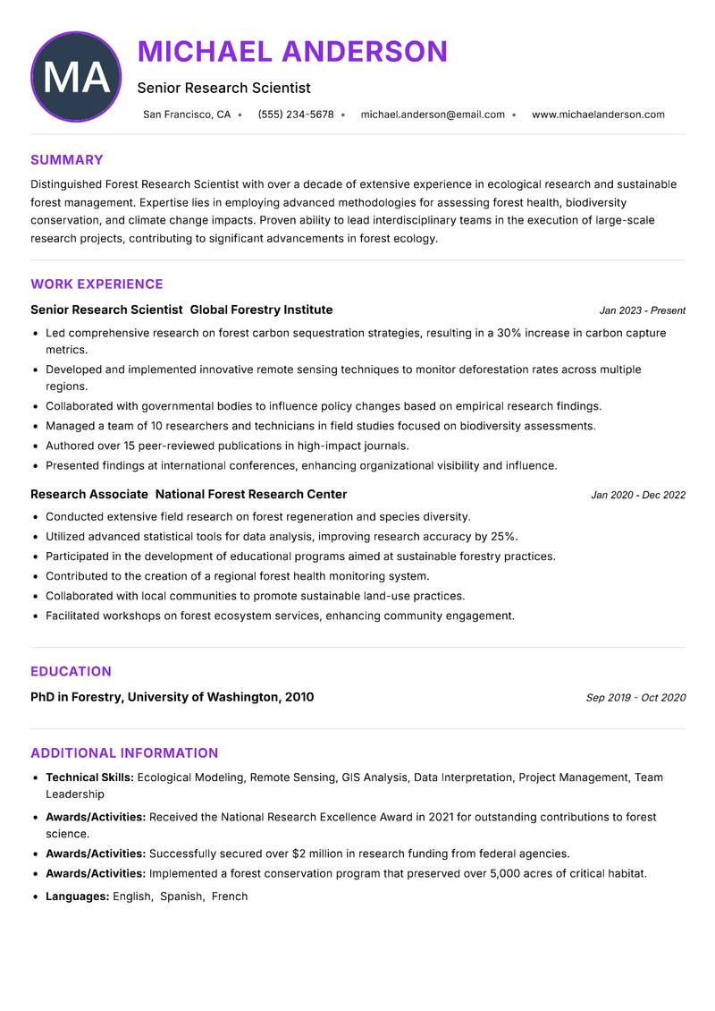 Forest Research Scientist Resume Preview Example