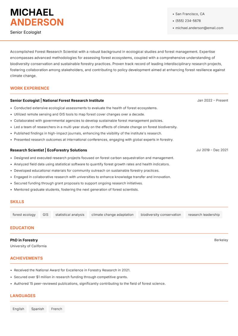 Forest Research Scientist Resume Template