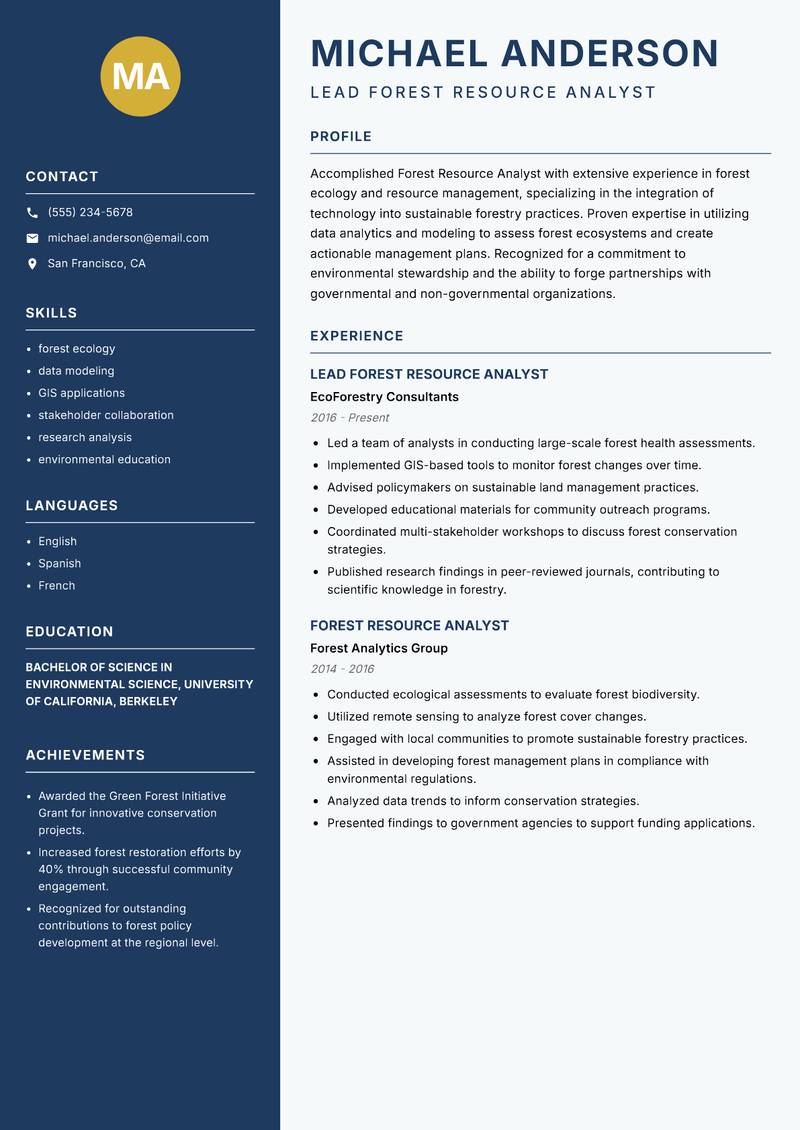 Forest Resource Analyst Resume Preview Example