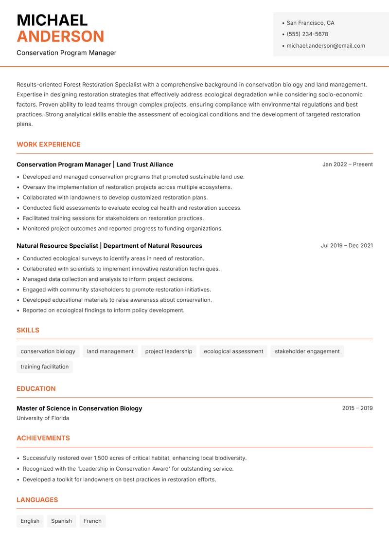 Forest Restoration Specialist Resume Template