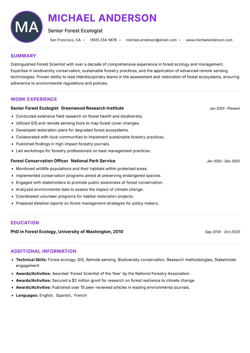 Forest Scientist Resume Preview Example