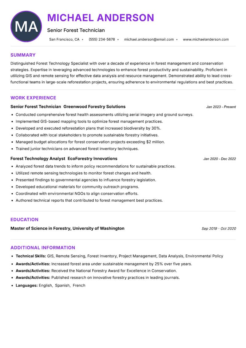 Forest Technology Specialist Resume Preview Example