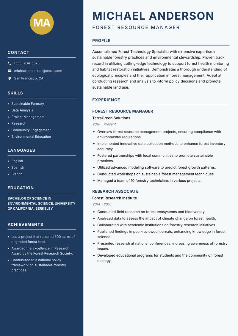 Forest Technology Specialist Resume Preview Example