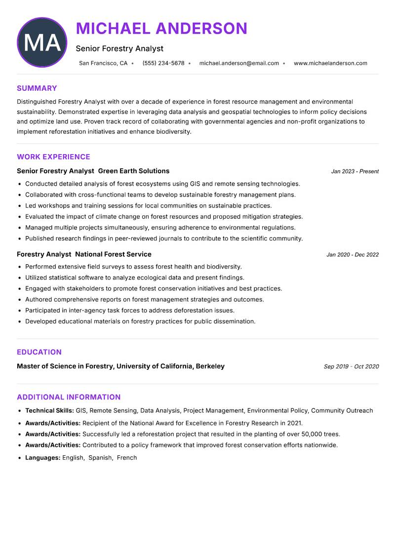 Forestry Analyst Resume Preview Example