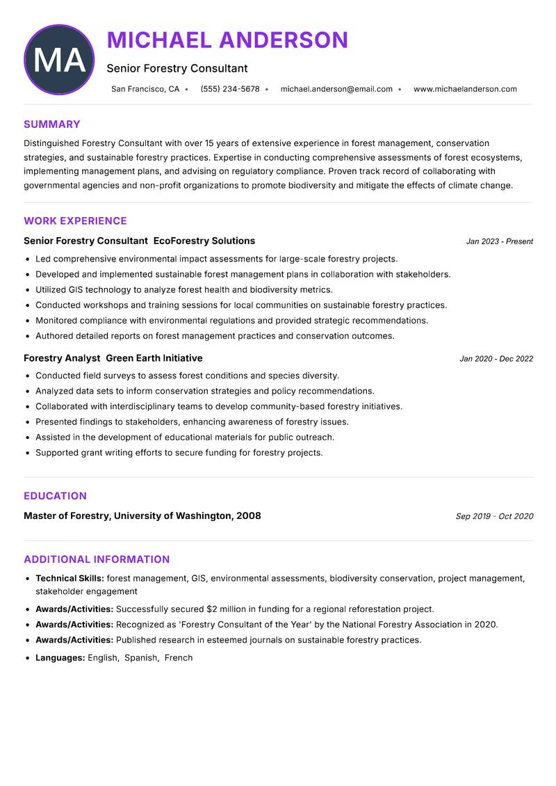 Forestry Consultant Resume Preview Example