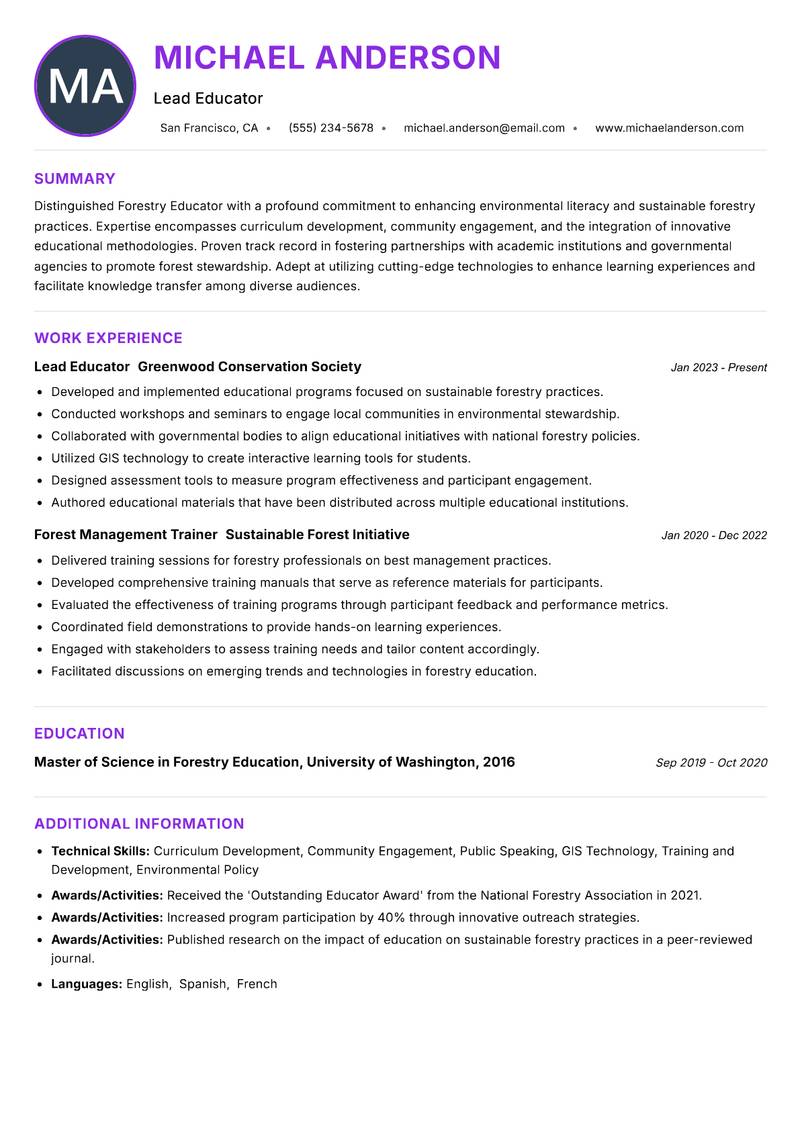 Forestry Educator Resume Preview Example