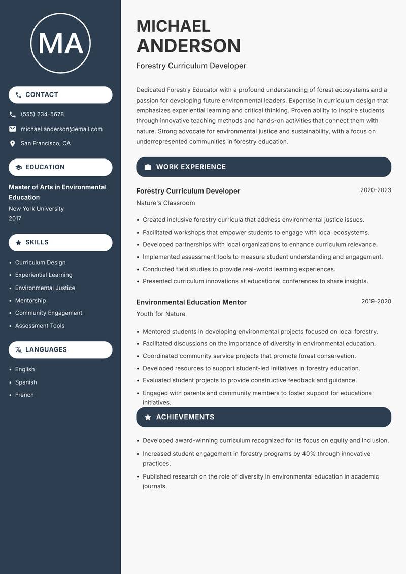 Forestry Educator Resume Preview Example