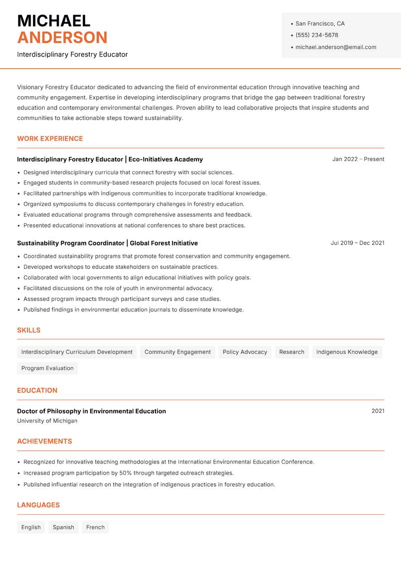 Forestry Educator Resume Template
