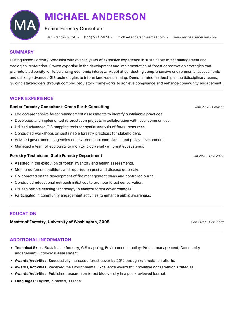 Forestry Specialist Resume Preview Example