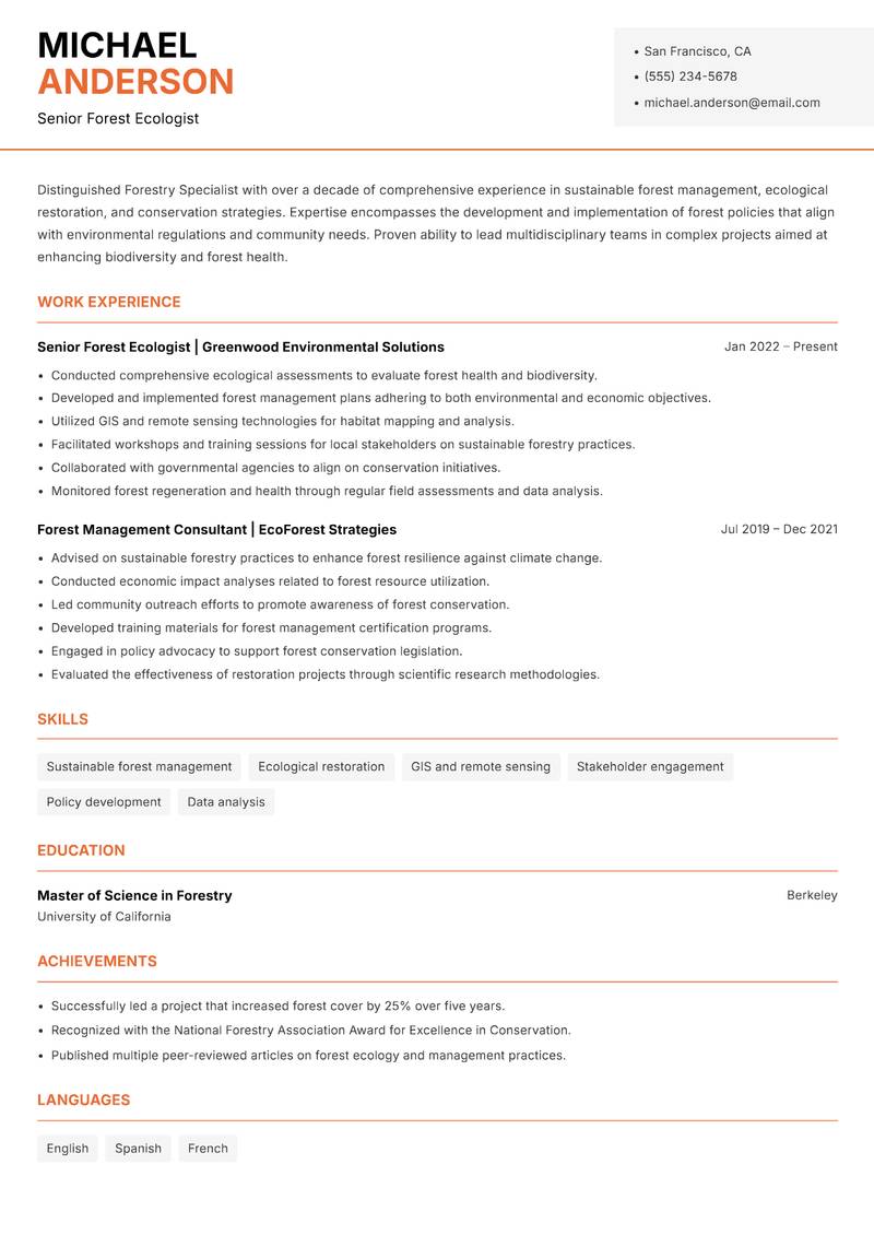 Forestry Specialist Resume Template