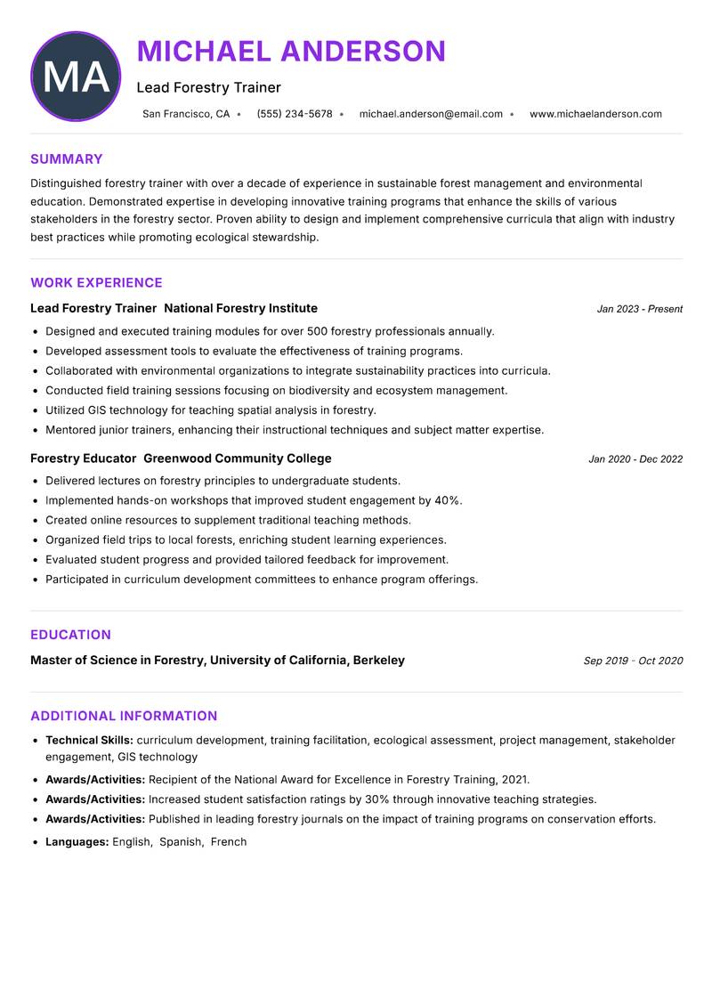 Forestry Trainer Resume Preview Example