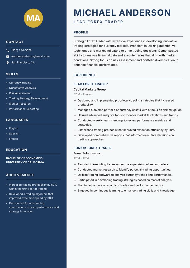 Forex Trader Resume Preview Example