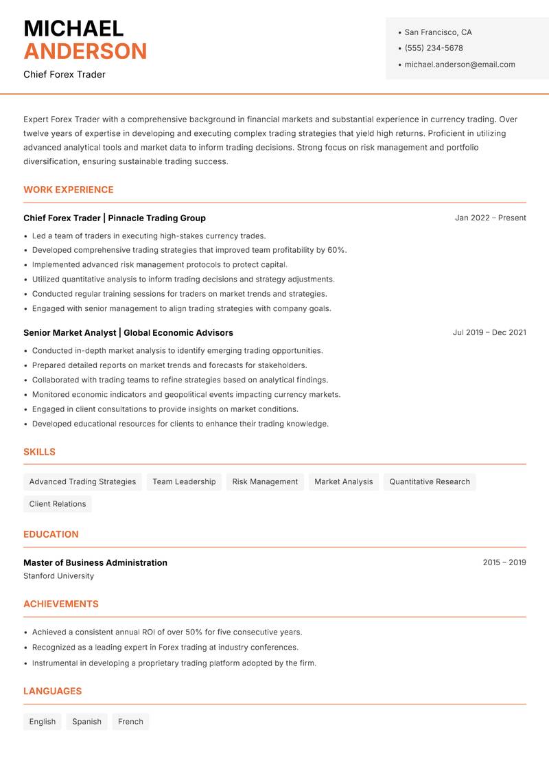 Forex Trader Resume Template