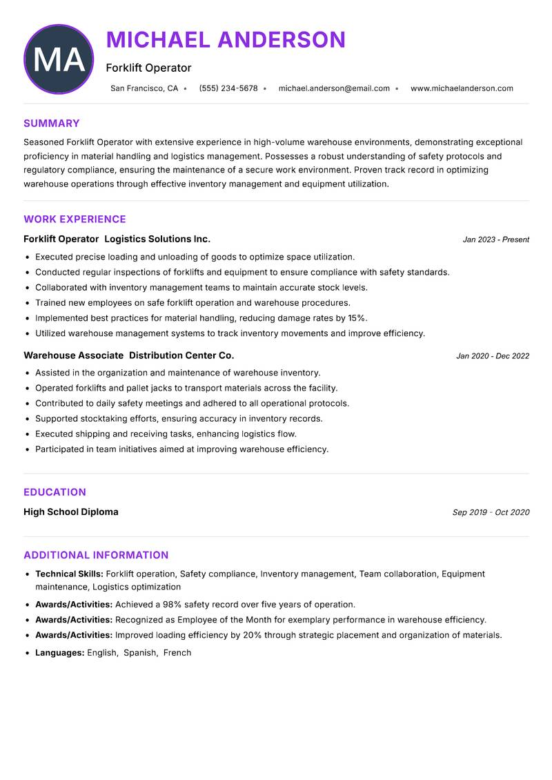 Forklift Operator Resume Preview Example