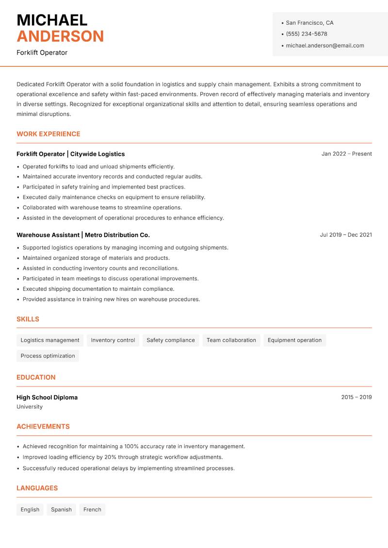 Forklift Operator Resume Template