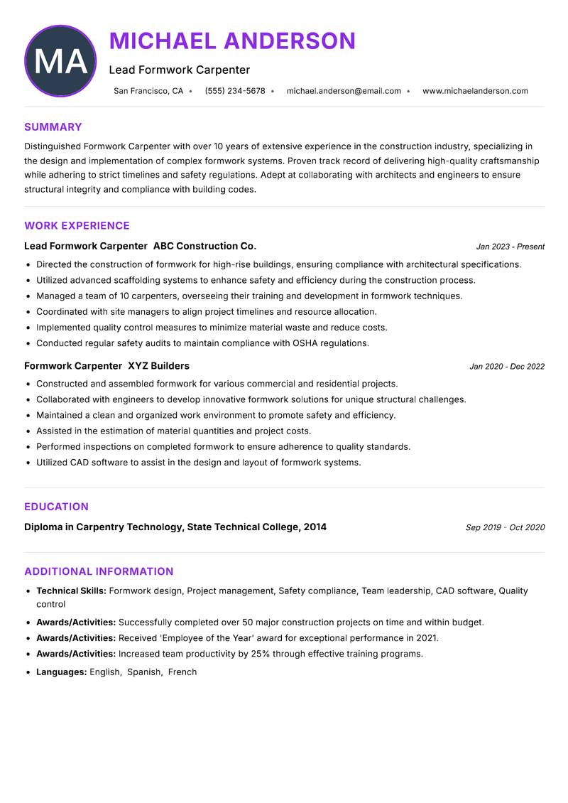 Formwork Carpenter Resume Preview Example