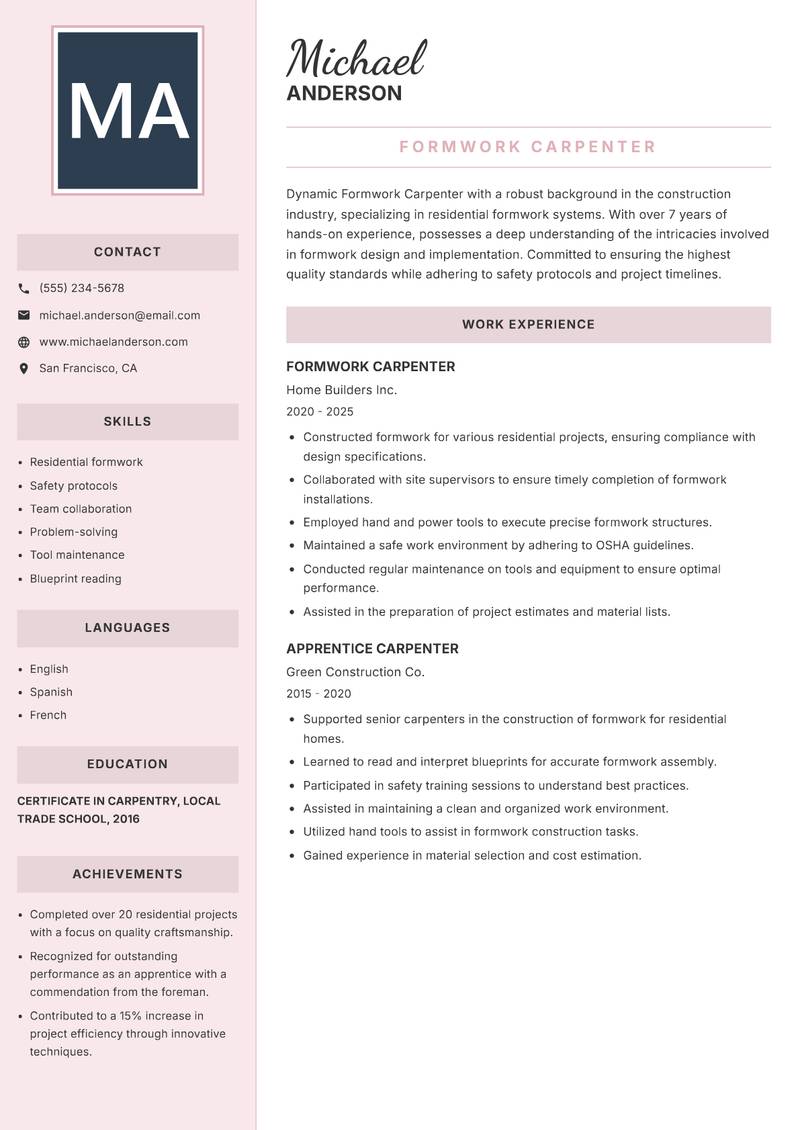 Formwork Carpenter Resume Preview Example