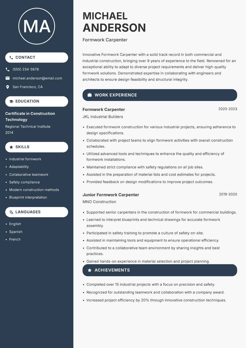 Formwork Carpenter Resume Preview Example