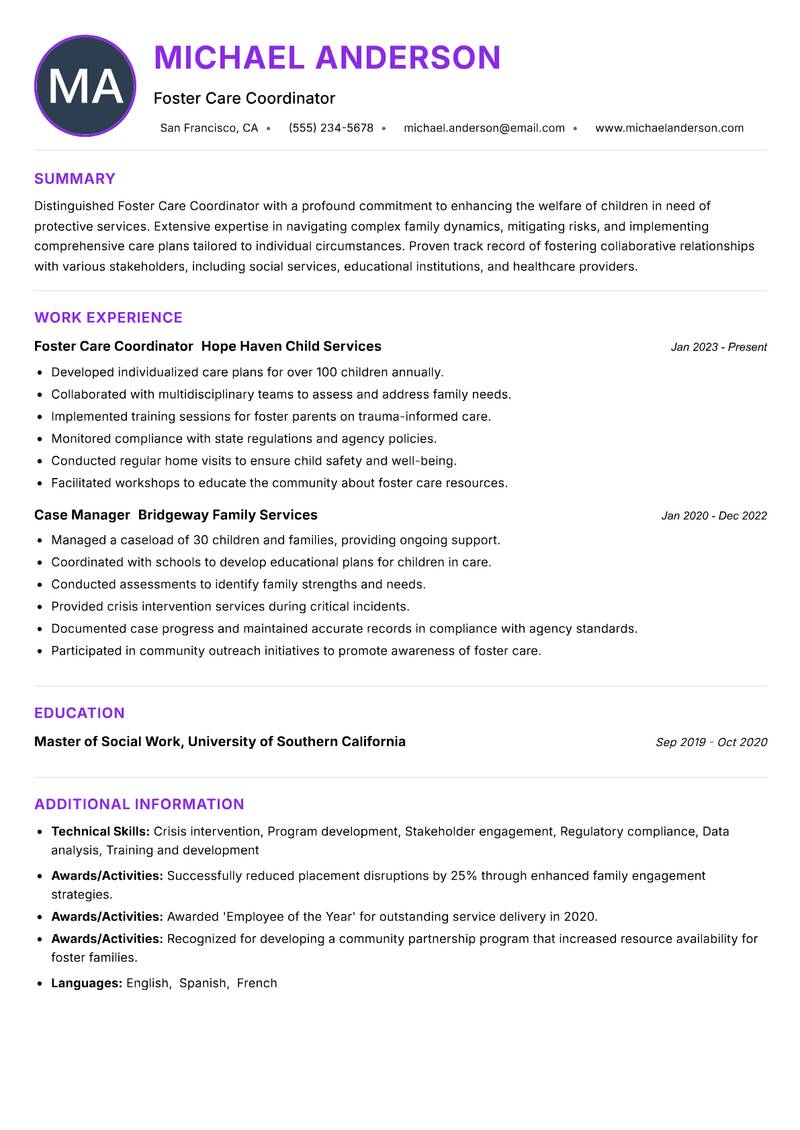 Foster Care Coordinator Resume Preview Example
