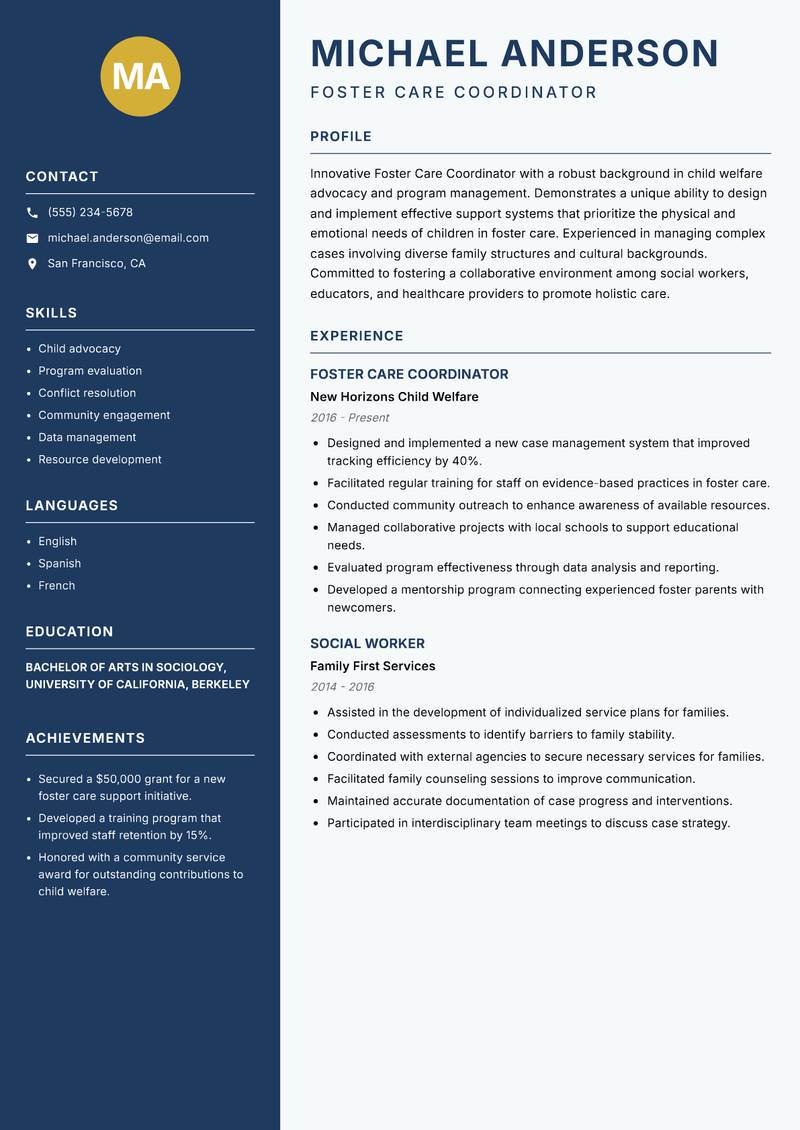 Foster Care Coordinator Resume Preview Example