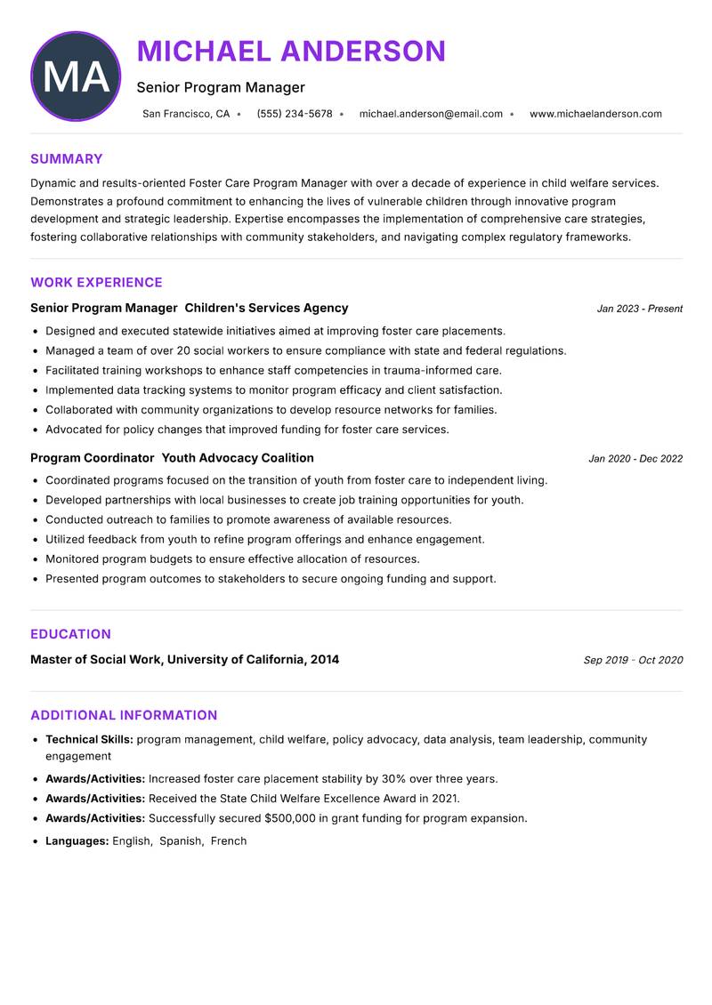 Foster Care Program Manager Resume Preview Example