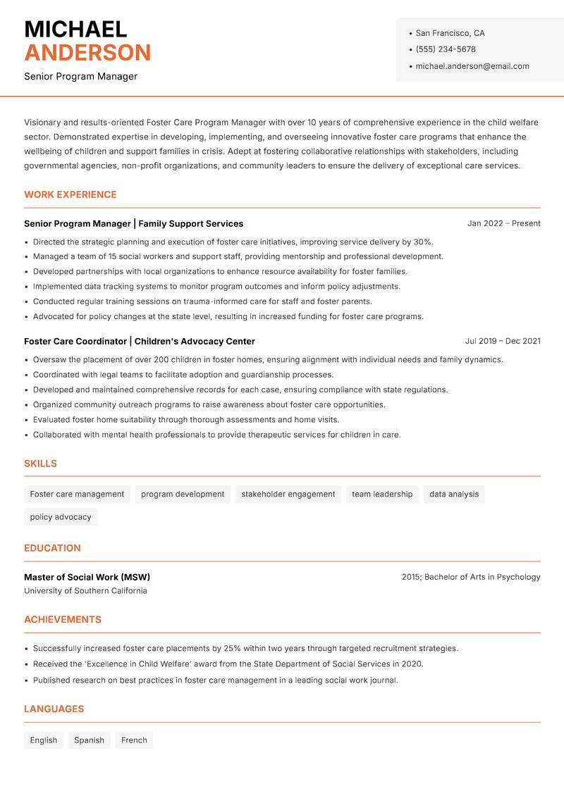 Foster Care Program Manager Resume Template