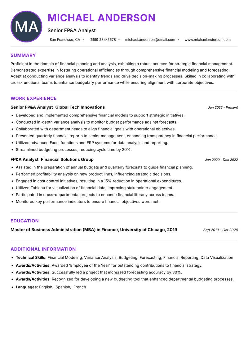 FP&A Analyst Resume Preview Example