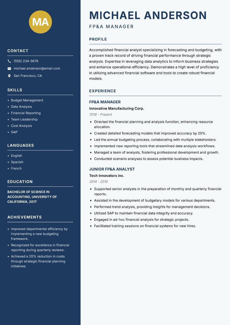 FP&A Analyst Resume Preview Example