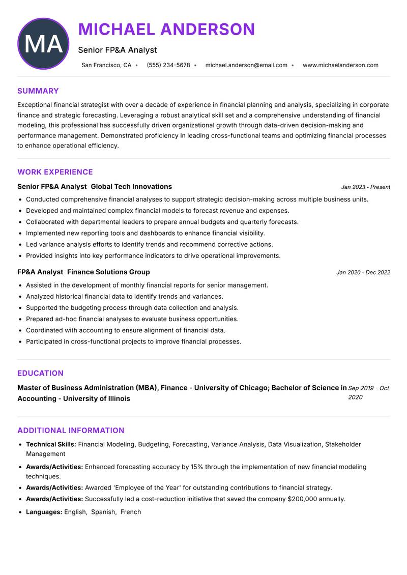 FP&A Manager Resume Preview Example