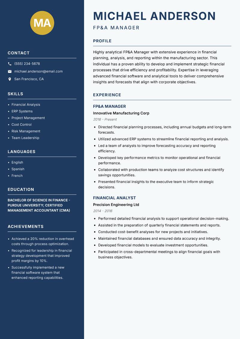 FP&A Manager Resume Preview Example