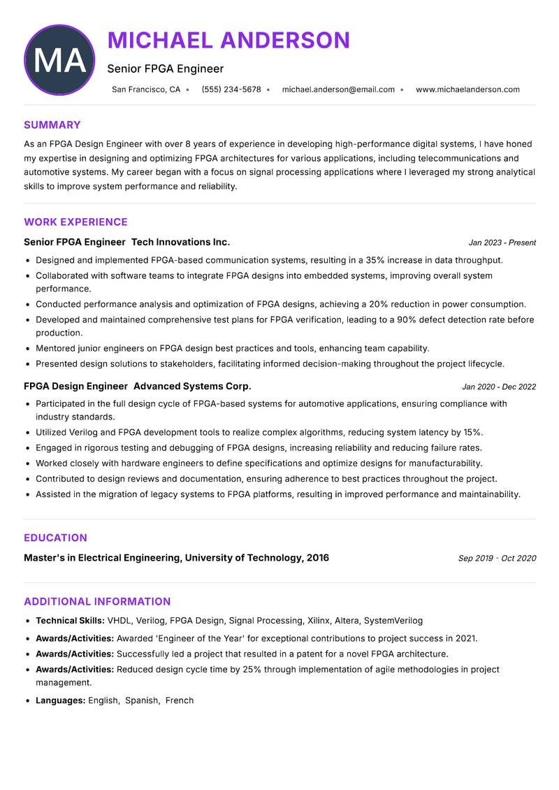 FPGA Design Engineer Resume Preview Example