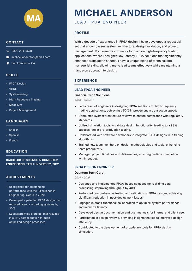 FPGA Design Engineer Resume Preview Example