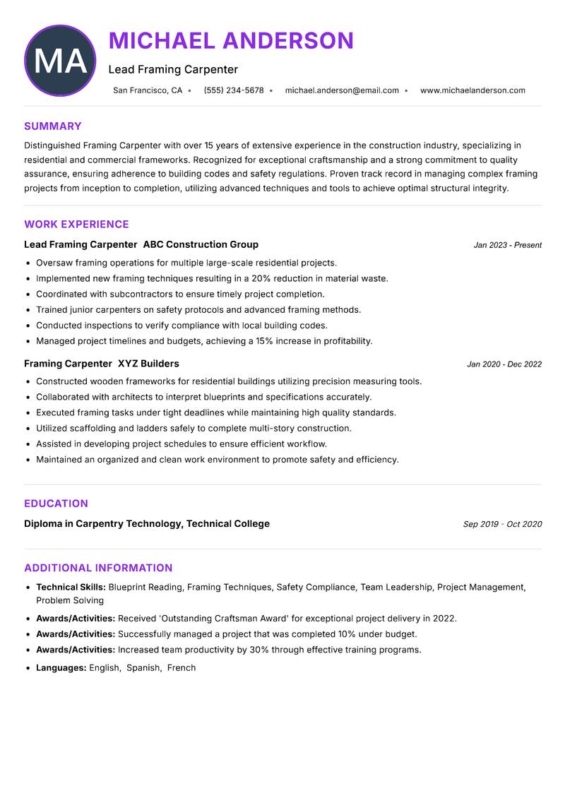 Framing Carpenter Resume Preview Example