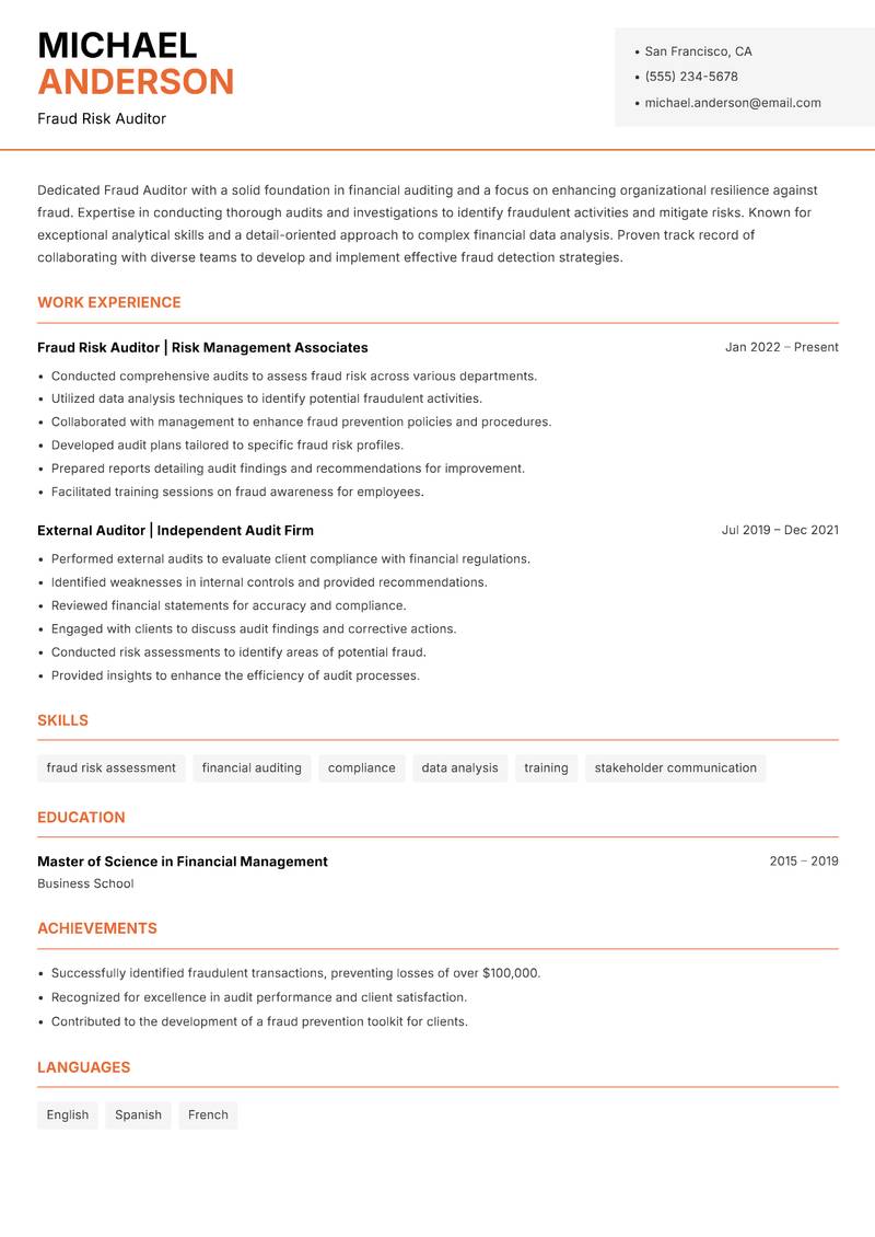 Fraud Auditor Resume Template
