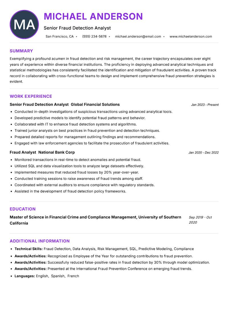 Fraud Detection Analyst Resume Preview Example