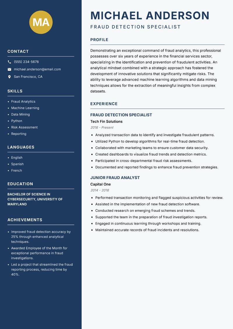 Fraud Detection Analyst Resume Preview Example