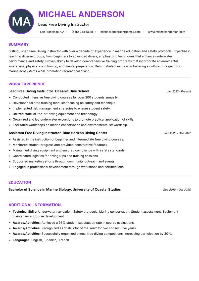 Free Diving Instructor Resume Preview Example