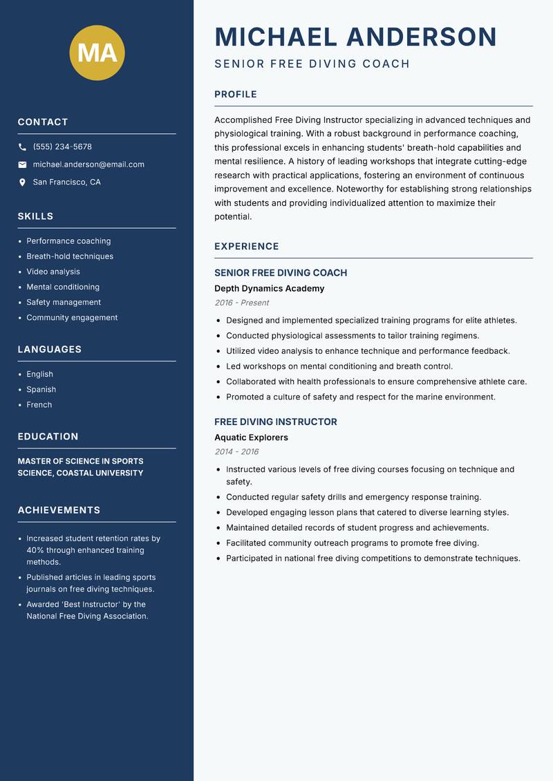 Free Diving Instructor Resume Preview Example