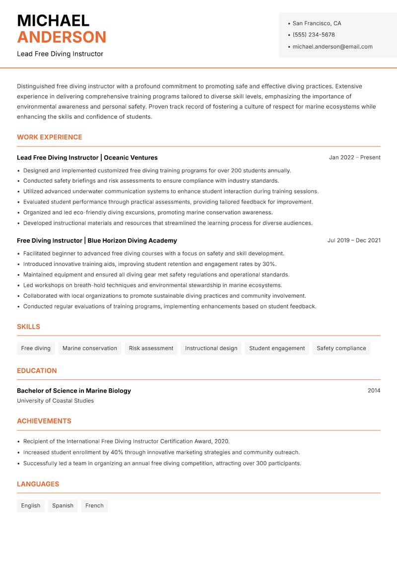 Free Diving Instructor Resume Template