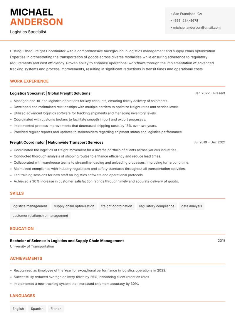 Freight Coordinator Resume Template