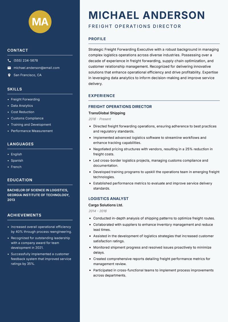 Freight Forwarding Executive Resume Preview Example