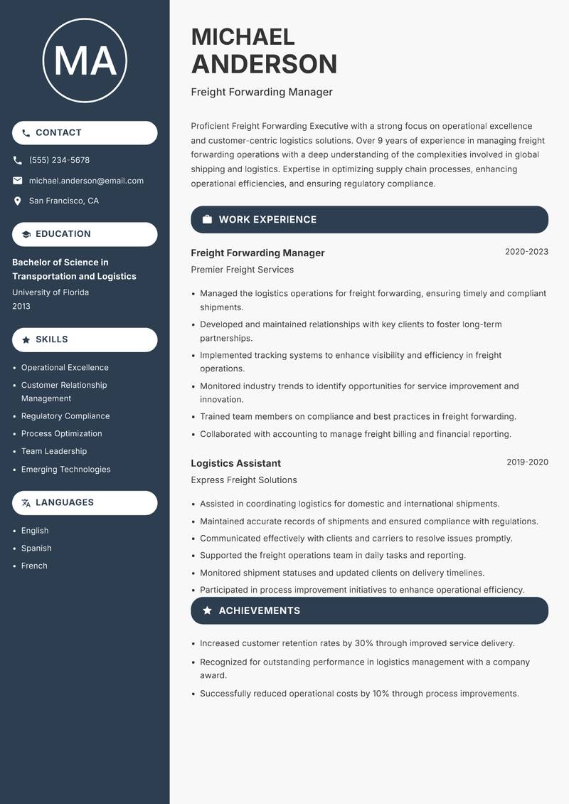 Freight Forwarding Executive Resume Preview Example