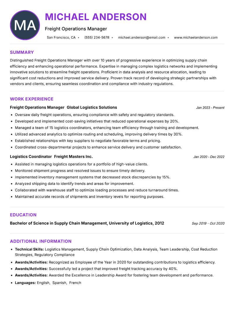 Freight Operations Manager Resume Preview Example