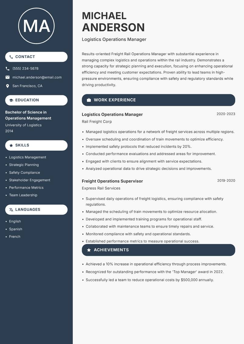 Freight Rail Operations Manager Resume Preview Example