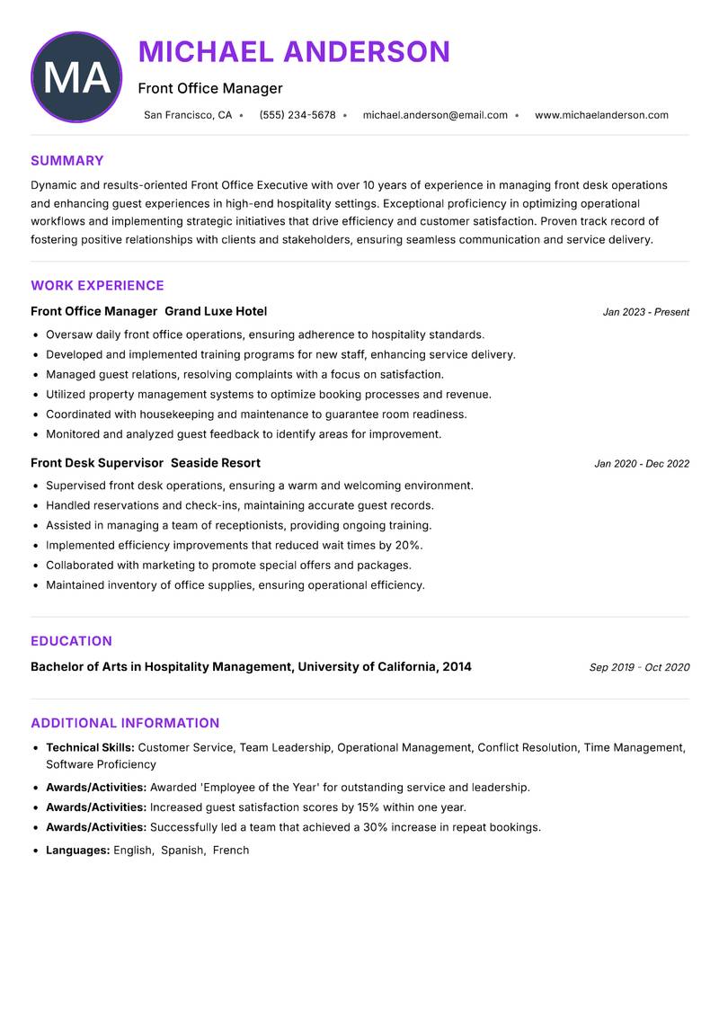 Front Office Executive Resume Preview Example