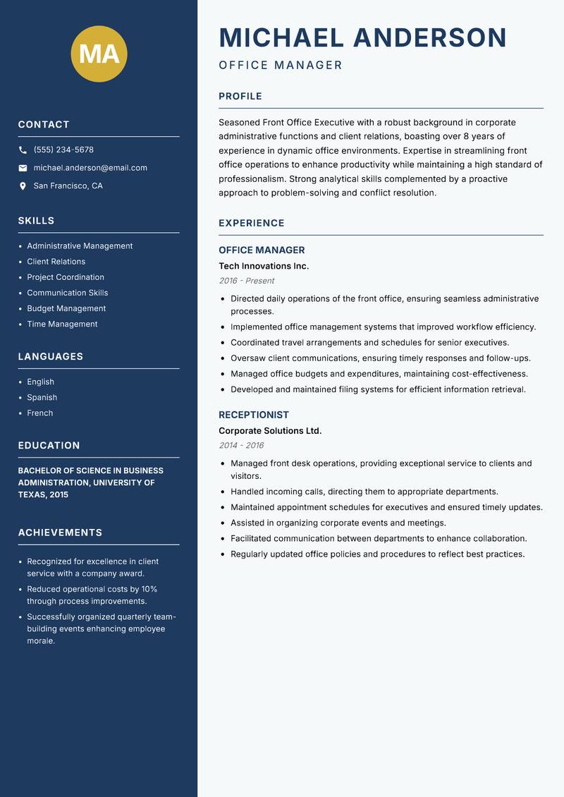 Front Office Executive Resume Preview Example